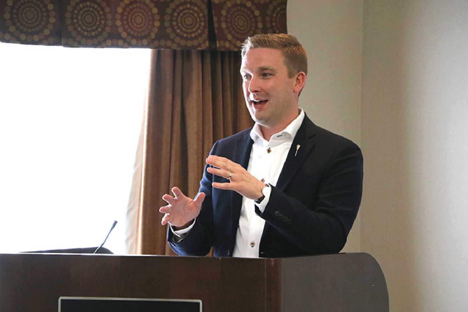 Education Minister Jeremy Cockrill addresses the Moosomin Chamber of Commerce at a previous meeting when he was Highways Minister.